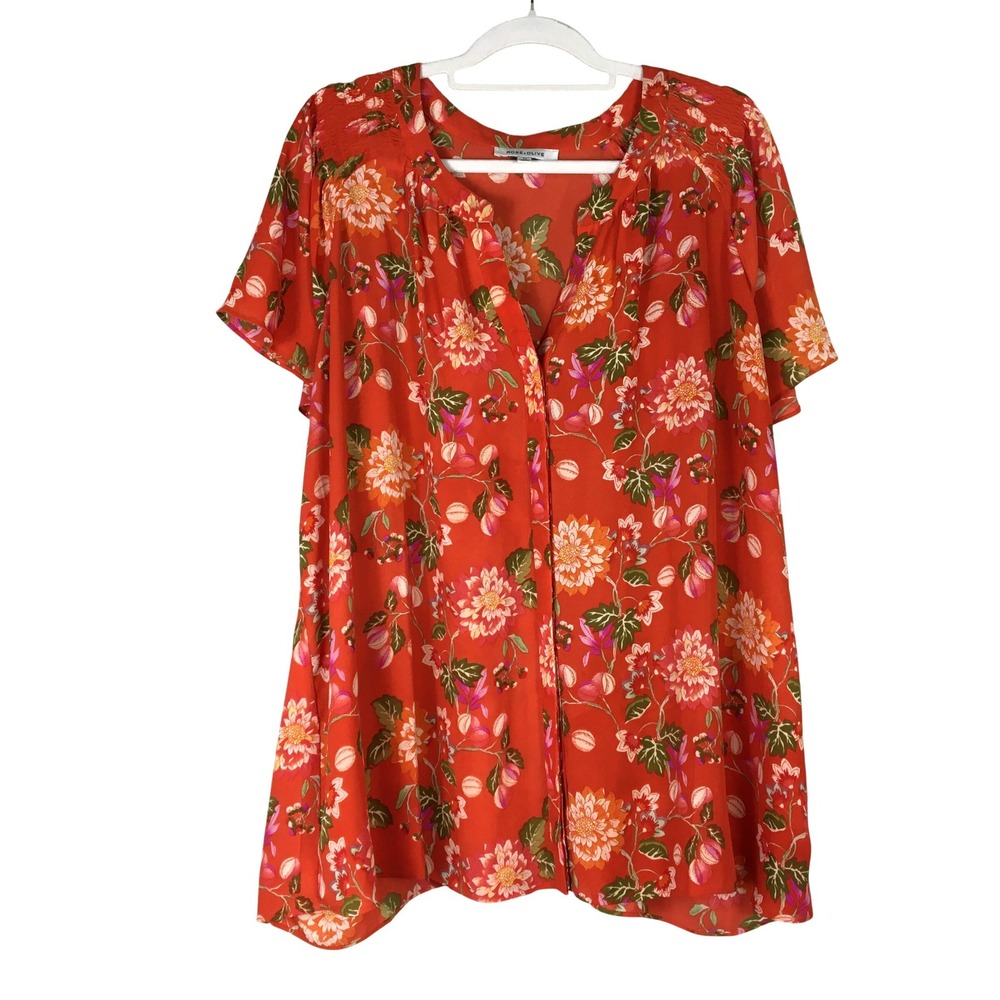 Rose + Olive Orange Floral‎ Smocked Flutter Sleeve Blouse 3X Hidden Button Front